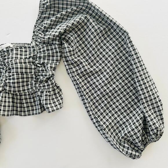 More to Come X Revolve Gingham Crop Top Balloon Sleeve Medium Black White Boho - Picture 5 of 6